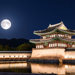 **Gyeongbokgung Palace Night View**:
   "A stunning night view of Gyeongbokgung Palace in Seoul, illuminated by soft lights under a full moon. The palace reflects a harmonious blend of historical architecture and the modern skyline of Seoul, with stars twinkling in the night sky."