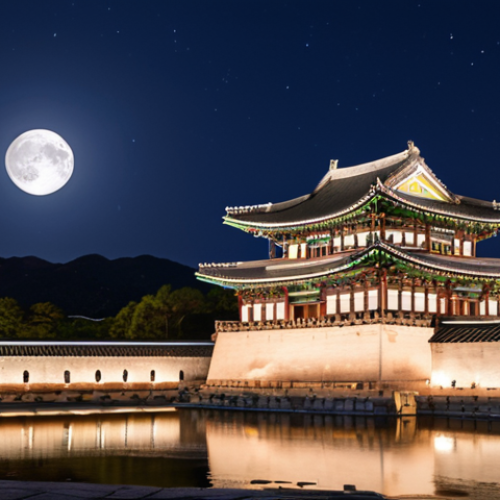 Home 13 **Gyeongbokgung Palace Night View**:
"A stunning night view of Gyeongbokgung Palace in Seoul, illuminated by soft lights under a full moon. The palace reflects a harmonious blend of historical architecture and the modern skyline of Seoul, with stars twinkling in the night sky."
