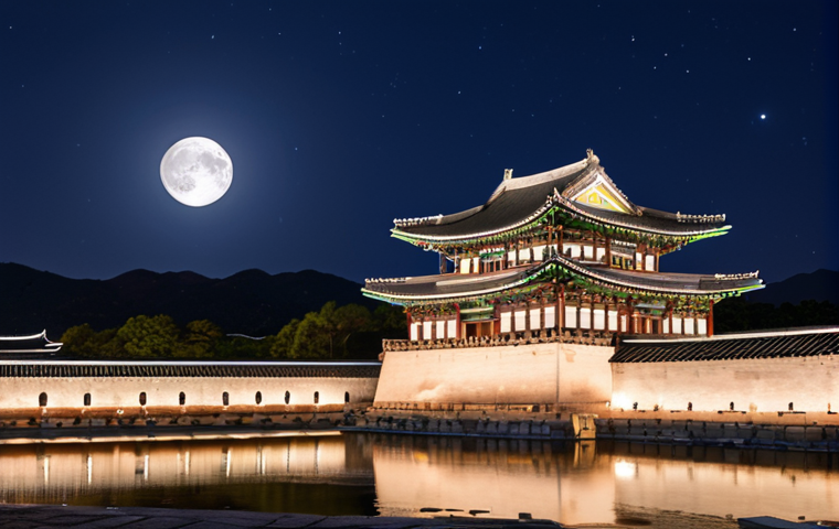 **Gyeongbokgung Palace Night View**:
   "A stunning night view of Gyeongbokgung Palace in Seoul, illuminated by soft lights under a full moon. The palace reflects a harmonious blend of historical architecture and the modern skyline of Seoul, with stars twinkling in the night sky."