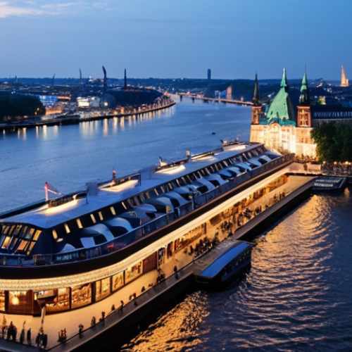 Home 8 **Prompt:** A rooftop bar in Hamburg at night, overlooking the Elbe River. Modern architecture illuminated against the dark water. Ships with sparkling lights pass by. People are casually dressed, enjoying cocktails and conversations. The scene captures the vibrant nightlife and the city's resilient spirit, reminiscent of its post-WWII reconstruction. Capture the essence of a bustling European harbor city.