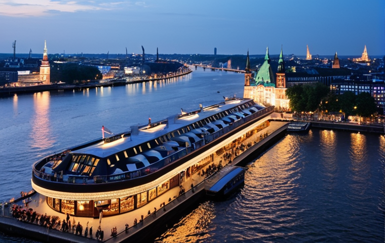**Prompt:** A rooftop bar in Hamburg at night, overlooking the Elbe River. Modern architecture illuminated against the dark water. Ships with sparkling lights pass by. People are casually dressed, enjoying cocktails and conversations. The scene captures the vibrant nightlife and the city's resilient spirit, reminiscent of its post-WWII reconstruction. Capture the essence of a bustling European harbor city.