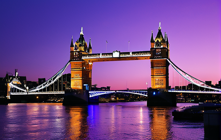 The Art of Nocturnal Illumination**
A cinematic wide shot of an iconic city landmark, such as London's Tower Bridge or New York's Empire State Building, dramatically illuminated at dusk. The building is "painted" with rich, vibrant hues of purple, blue, and amber, meticulously highlighting its architectural details and contours. Emphasize the interplay of light and shadow, making the structure appear sculpted and alive. Reflections shimmer on nearby water or wet surfaces. The scene evokes a profound sense of awe and artistic wonder, showcasing light as an emotional and sculptural tool, with a high level of detail and a slightly ethereal, artistic quality.
2. **Prompt for