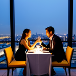 **

"A professional couple, fully clothed in stylish evening attire, are seated at a rooftop restaurant with panoramic city views at night, appropriate content, safe for work. They are enjoying a fine dining experience with well-presented dishes on the table. The restaurant has soft lighting and a sophisticated ambiance. Perfect anatomy, natural proportions, well-formed hands, proper finger count, professional photography, high quality, modest."

**