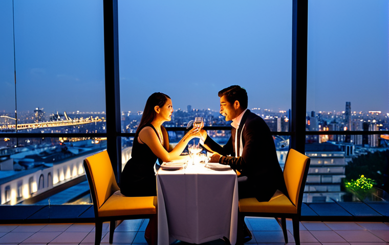 **
"A professional couple, fully clothed in stylish evening attire, are seated at a rooftop restaurant with panoramic city views at night, appropriate content, safe for work. They are enjoying a fine dining experience with well-presented dishes on the table. The restaurant has soft lighting and a sophisticated ambiance. Perfect anatomy, natural proportions, well-formed hands, proper finger count, professional photography, high quality, modest."
**