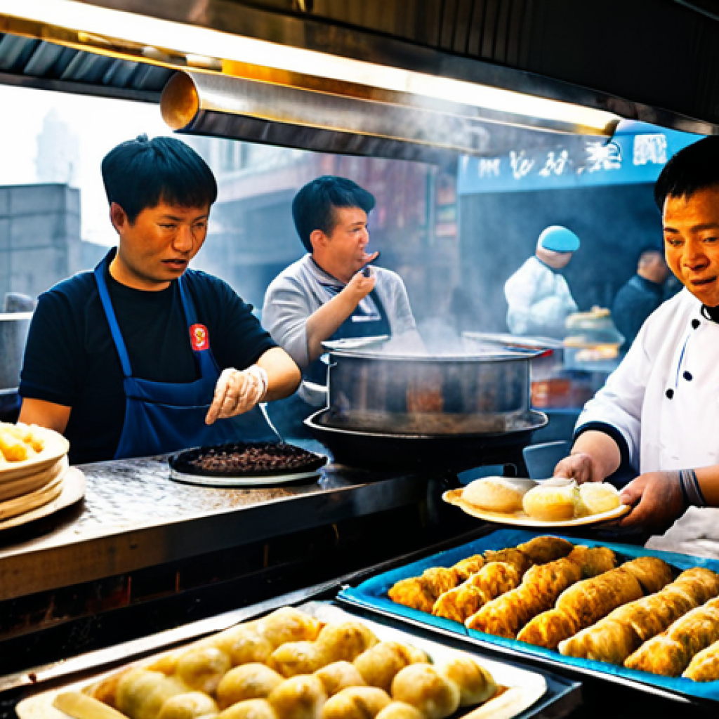 Shanghai Street Food Scene**

"A vibrant street food stall in Shanghai, fully clothed vendors preparing *shengjian bao*, steam rising, customers enjoying the food, bustling atmosphere, appropriate attire, safe for work, perfect anatomy, natural proportions, high-quality photo, professional, modest."

**
