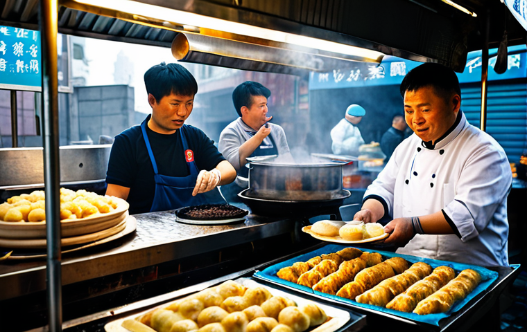 Shanghai Street Food Scene**
"A vibrant street food stall in Shanghai, fully clothed vendors preparing *shengjian bao*, steam rising, customers enjoying the food, bustling atmosphere, appropriate attire, safe for work, perfect anatomy, natural proportions, high-quality photo, professional, modest."
**