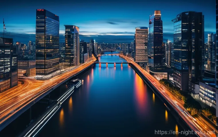 드론 야경 촬영 - **Prompt: Urban Night Drone Long Exposure**
    An aerial photograph taken by a drone, capturing a b...