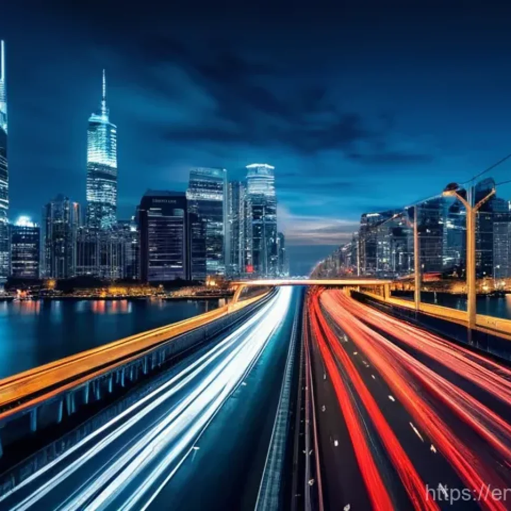 야경 속 자동차 라이트 트레일 - **Prompt:** A breathtaking long exposure photograph capturing vibrant red and white car light trails...