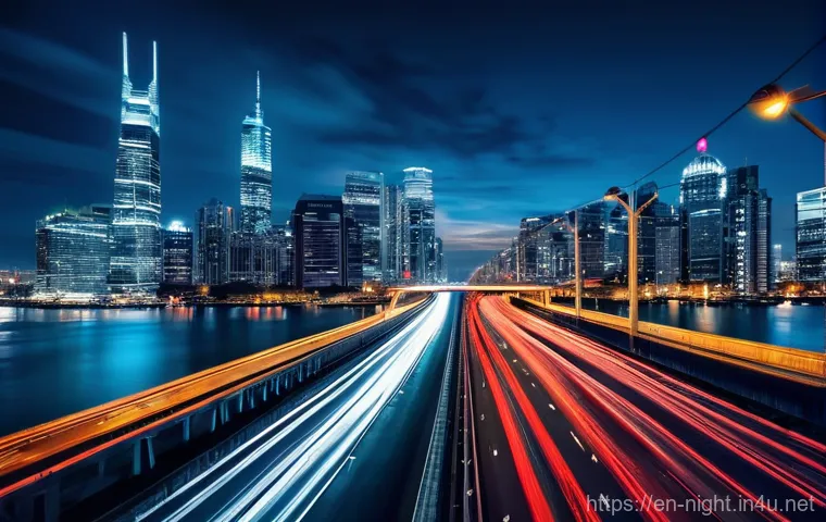 야경 속 자동차 라이트 트레일 - **Prompt:** A breathtaking long exposure photograph capturing vibrant red and white car light trails...