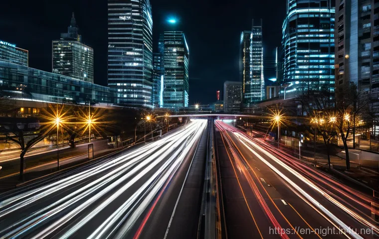 야경 속 자동차 라이트 트레일 - **Prompt:** A breathtaking long exposure photograph capturing vibrant red and white car light trails...