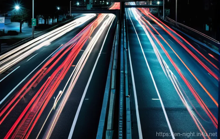 야경 속 자동차 라이트 트레일 - **Prompt:** A dynamic night shot of a busy city intersection, viewed from a slightly elevated pedest...