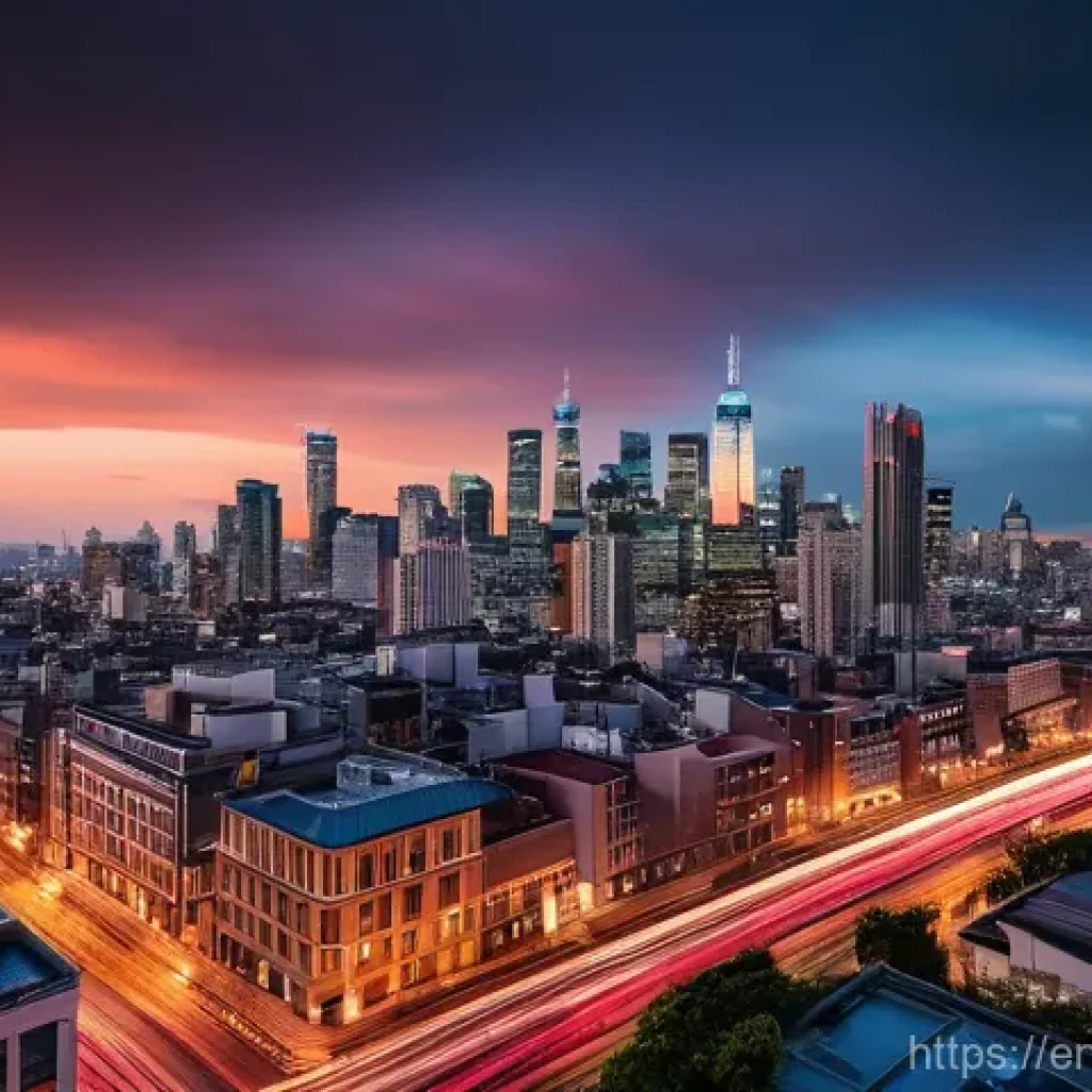 야경 인생샷 찍는 법 - A breathtaking wide-angle shot of a vibrant city at twilight, seen from an elevated viewpoint. Long ...