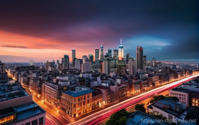 야경 인생샷 찍는 법 - A breathtaking wide-angle shot of a vibrant city at twilight, seen from an elevated viewpoint. Long ...