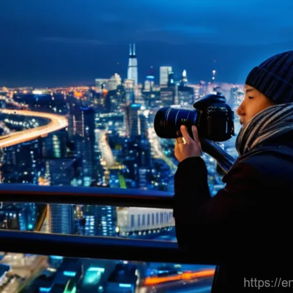야경 촬영 시 법적 주의사항 - **Prompt 1: Urban Night Photographer**
    "A lone photographer stands on a public observation deck ...
