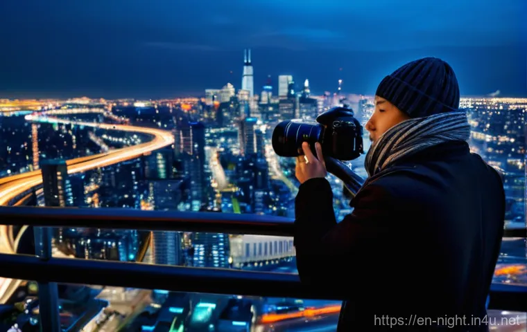 야경 촬영 시 법적 주의사항 - **Prompt 1: Urban Night Photographer**
"A lone photographer stands on a public observation deck ...