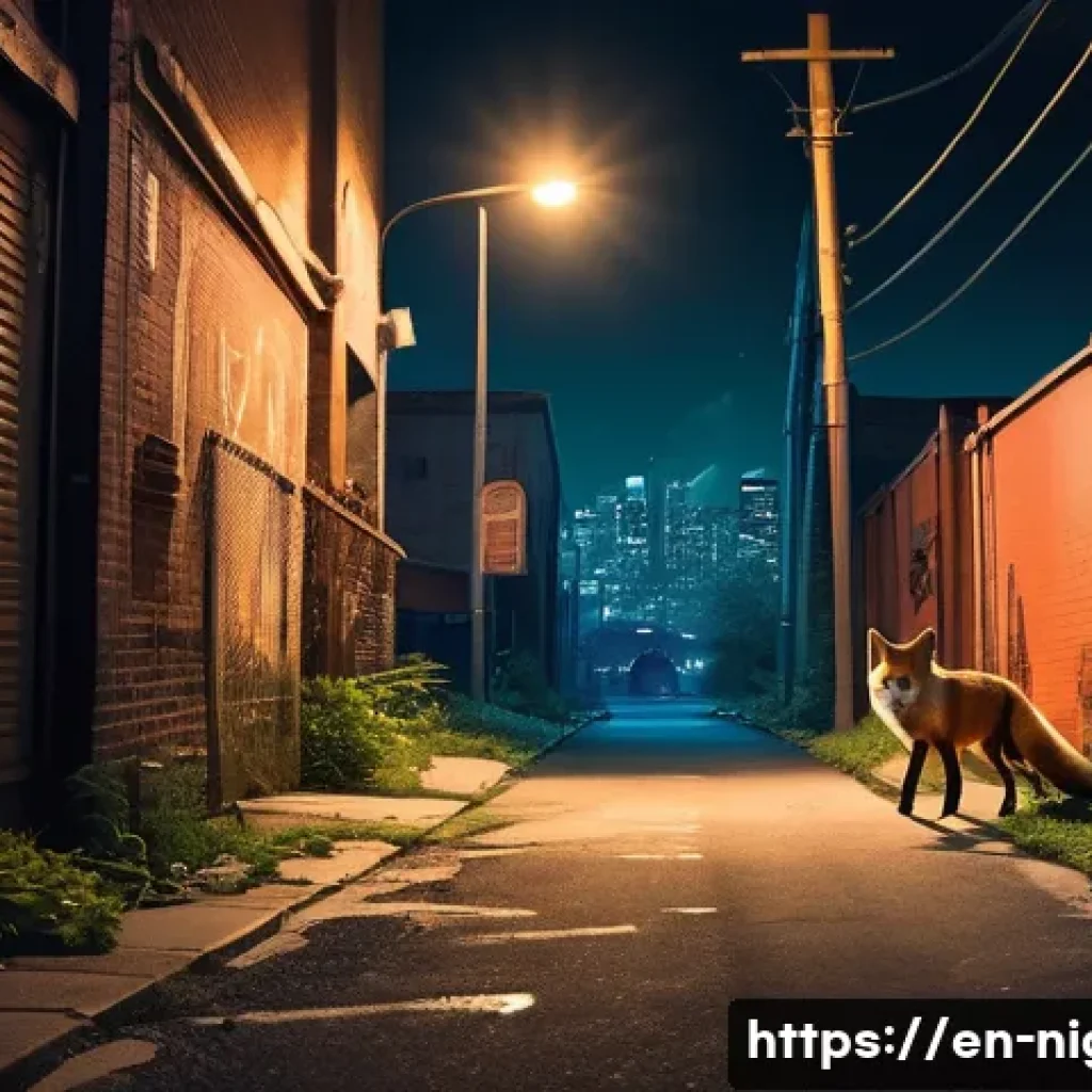 야경과 도심 속 야생 동물 - A nocturnal urban scene featuring a red fox cautiously navigating a dimly lit alleyway at night, its...
