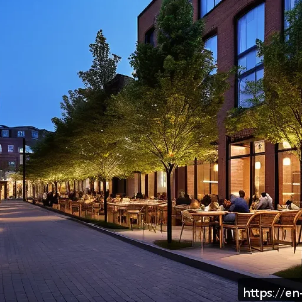 야경과 건축미학 - A vibrant urban nightscape featuring a city plaza with warm, diffused lighting illuminating seating ...