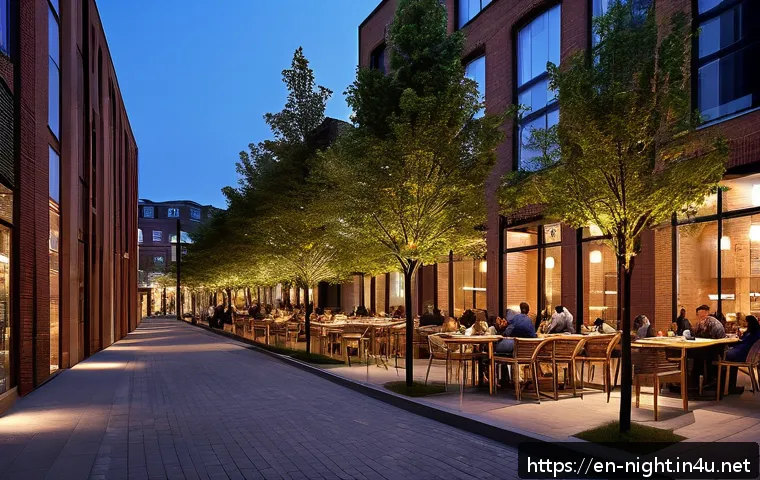 야경과 건축미학 - A vibrant urban nightscape featuring a city plaza with warm, diffused lighting illuminating seating ...
