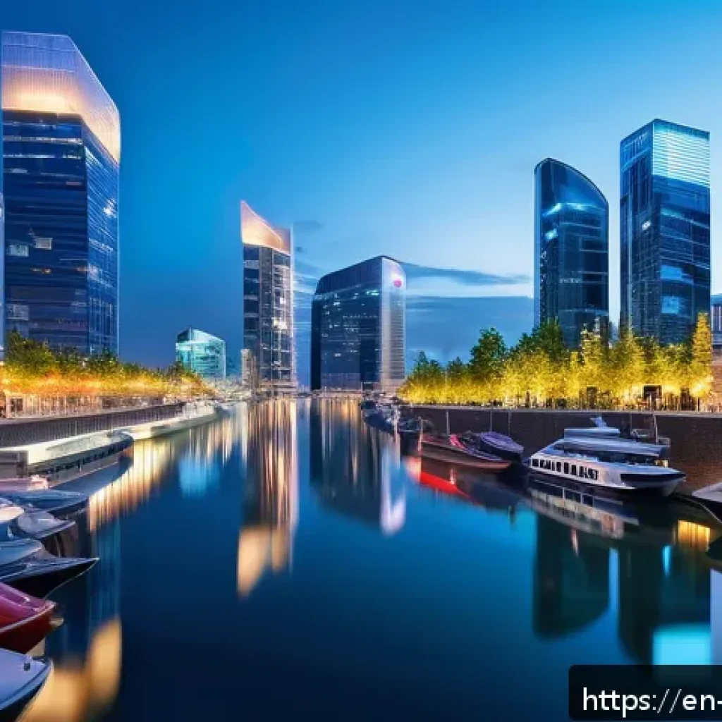 인천 송도 야경 - A futuristic city skyline at night featuring sleek skyscrapers with reflective glass facades glowing...