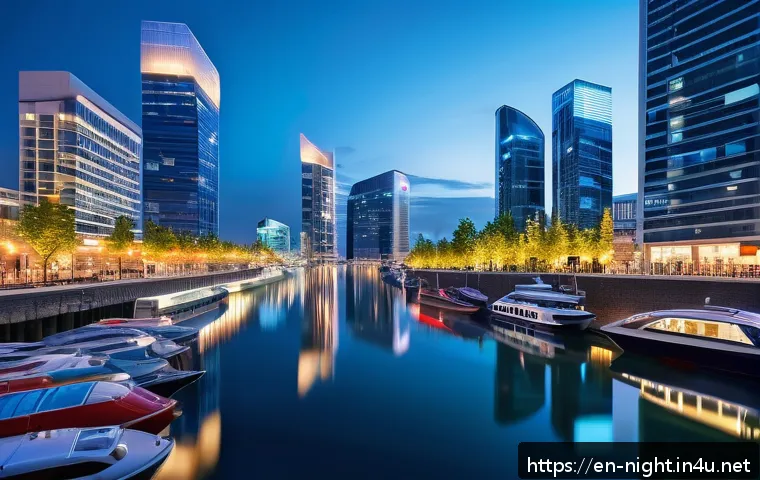 인천 송도 야경 - A futuristic city skyline at night featuring sleek skyscrapers with reflective glass facades glowing...