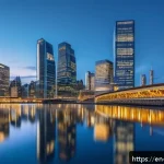 야경을 찍기 좋은 시간대 - A vibrant cityscape during blue hour, showcasing illuminated skyscrapers and bridges reflecting perf...