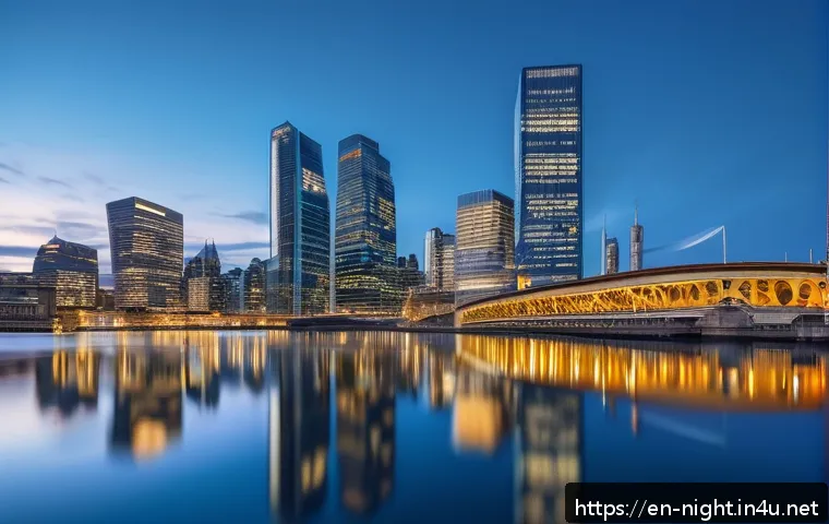 야경을 찍기 좋은 시간대 - A vibrant cityscape during blue hour, showcasing illuminated skyscrapers and bridges reflecting perf...
