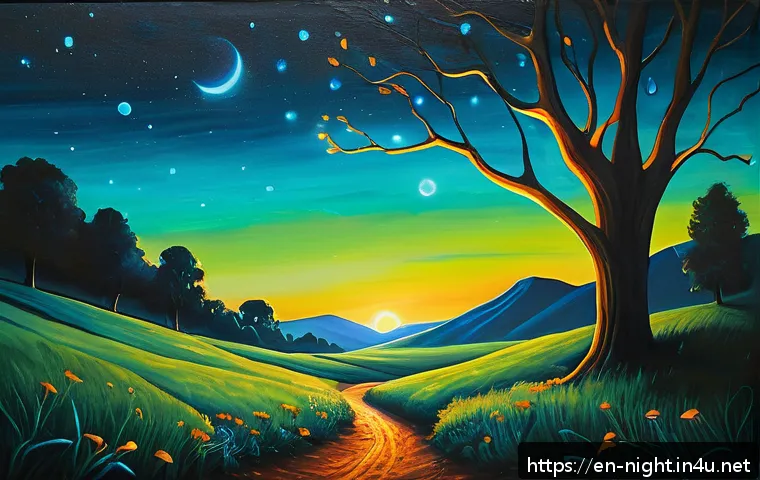 야경과 야광 페인팅 - A surreal glowing nightscape painting on a smooth, glossy acrylic canvas, featuring layered transluc...