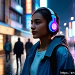 야경을 담은 음악 앨범 - A vibrant urban night street scene under glowing neon lights, bustling with diverse city dwellers wa...