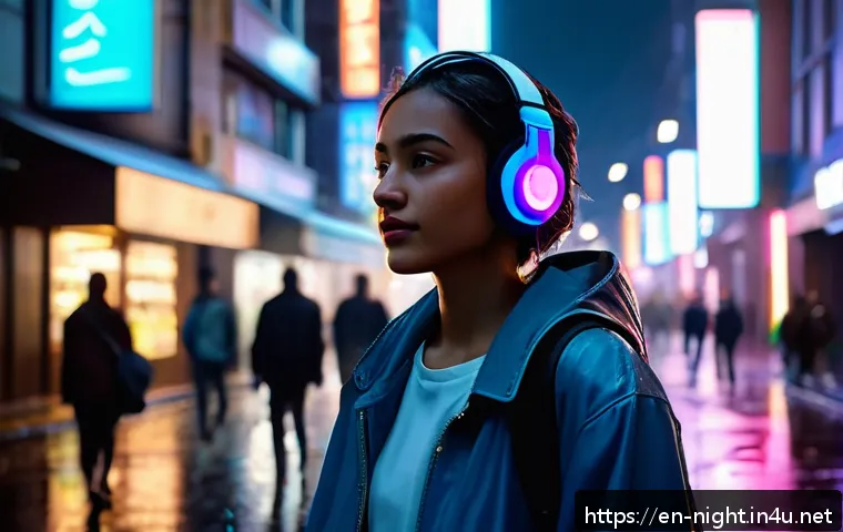 야경을 담은 음악 앨범 - A vibrant urban night street scene under glowing neon lights, bustling with diverse city dwellers wa...