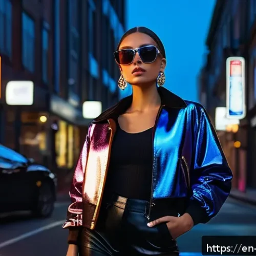 야경을 활용한 패션 화보 - A stylish young adult female model wearing a bold metallic jacket and leather pants, posing confiden...