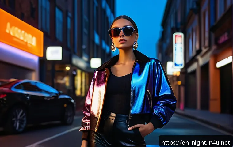 야경을 활용한 패션 화보 - A stylish young adult female model wearing a bold metallic jacket and leather pants, posing confiden...