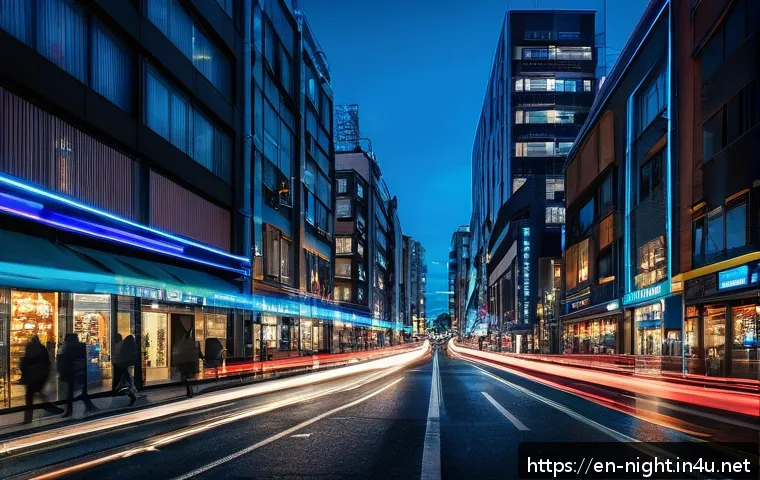 야경과 야경을 주제로 한 인스타 해시태그 - A vibrant urban nightscape during the blue hour, featuring a wide-angle view of a bustling city stre...