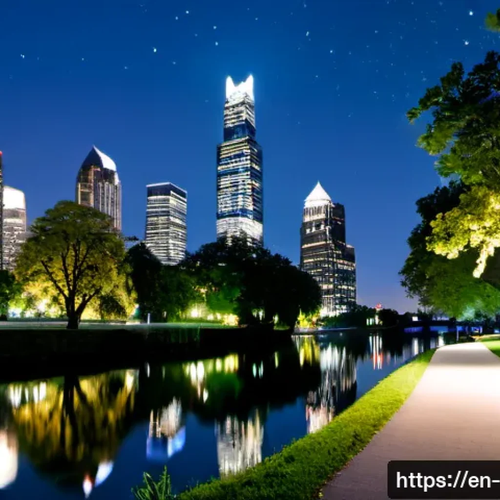 야경 속 자연과 도시의 조화 - Photorealistic twilight view of a modern waterfront city skyline reflected across a calm river, a lu...