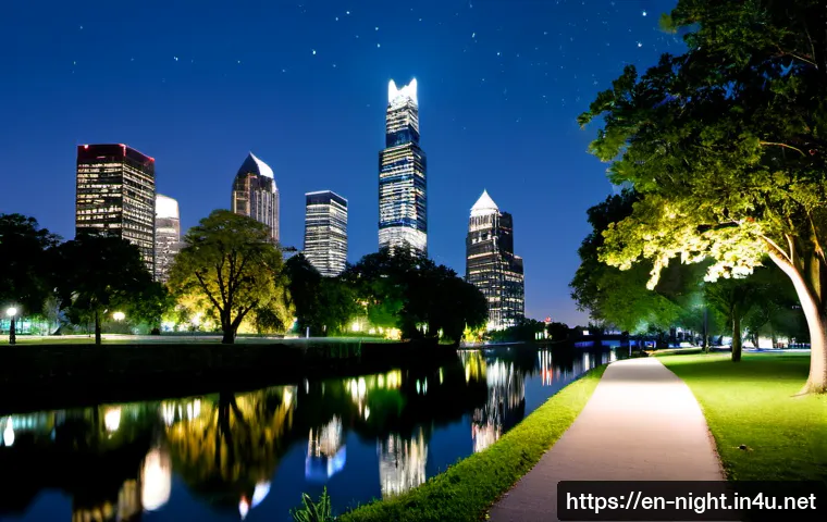 야경 속 자연과 도시의 조화 - Photorealistic twilight view of a modern waterfront city skyline reflected across a calm river, a lu...