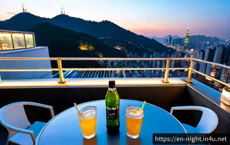 Home 17 서울 루프탑 야경 - Photorealistic rooftop terrace in Seoul at blue hour, panoramic skyline with a distant mountain silh...