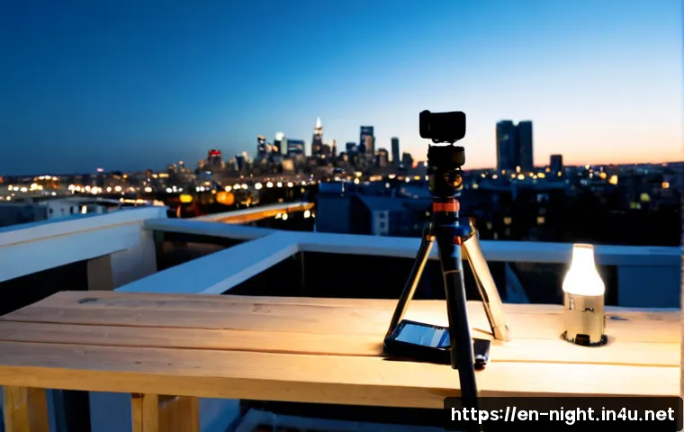 Home 17 야경을 찍을 때 필요한 액세서리 - Photorealistic nighttime city photography setup on a quiet rooftop overlook, sturdy tripod holding a...